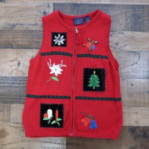 Crazy Horse Petite Large Red Full Zip Christmas Sweater Vest Liz Claiborne